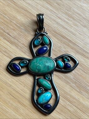 Vintage Studio Barse Sterling Turquoise Mosaic Cross 3” EUC oxidized